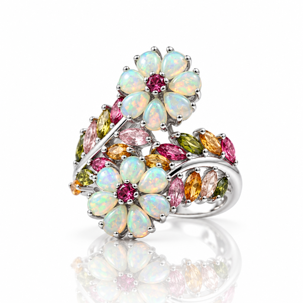Opal & Tourmaline Gemstone Flower Ring-Black Diamonds New York
