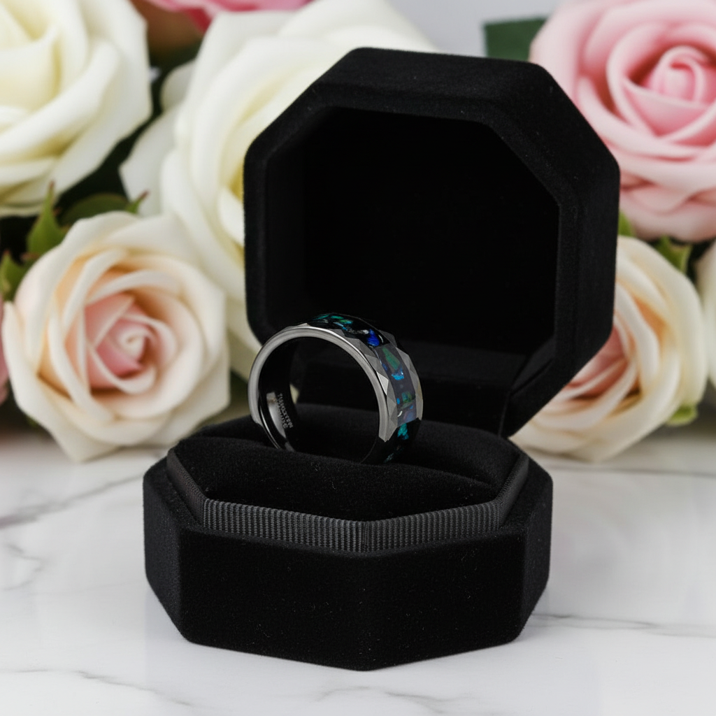 Opal and Metal Slag Inlay Hammered Black Tungsten Carbide Ring-Black Diamonds New York