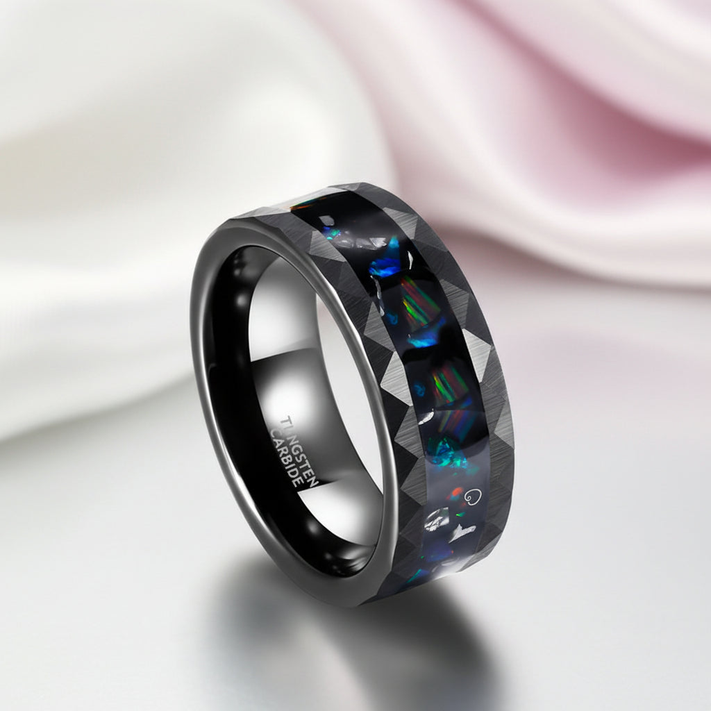 Opal and Metal Slag Inlay Hammered Black Tungsten Carbide Ring-Black Diamonds New York