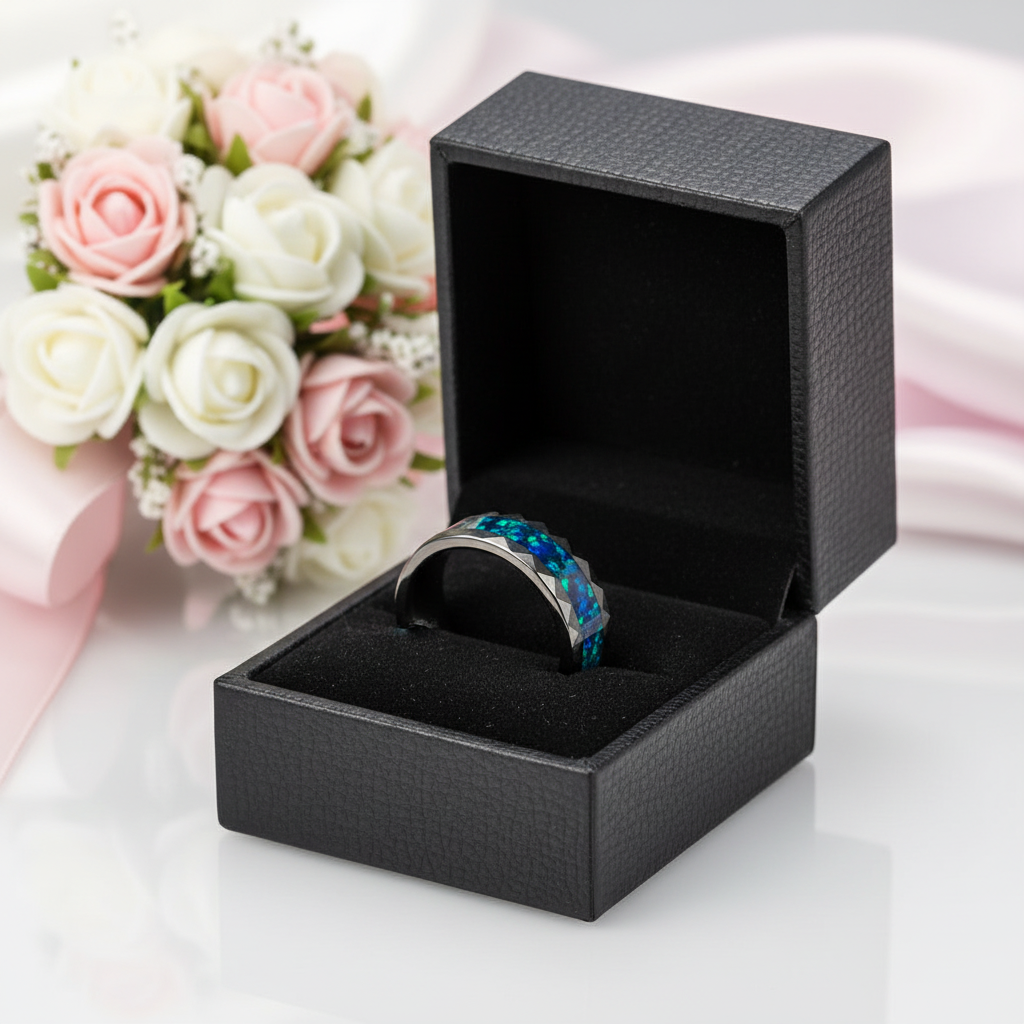 Black jewelry box with a ring inside, accompanied by pink and white roses on a light background