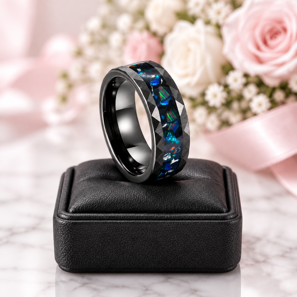 A black band ring with a faceted inlay of sparkling blue and green stones, displayed on a black leather ring box over a white marble surface with pink roses in the background.