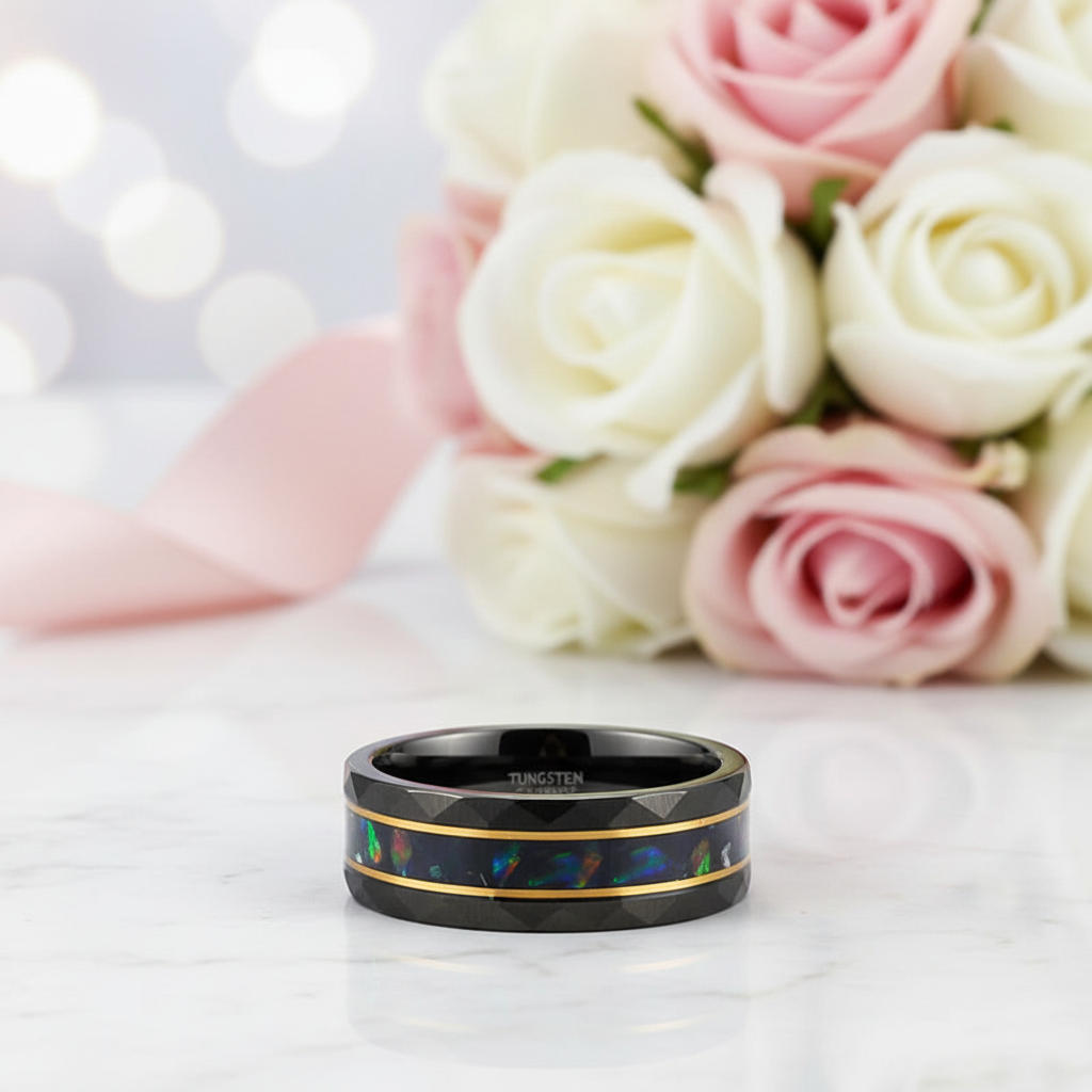 Opal and Metal Slag Inlay Tungsten Wedding Band-Black Diamonds New York