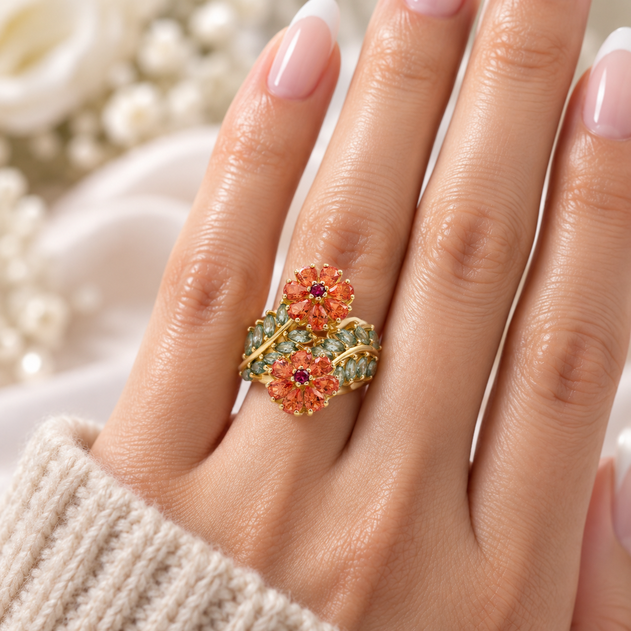 A close-up of a hand wearing a gold ring with three coral-pink flowers, each with a small red center, and green leaves between them.