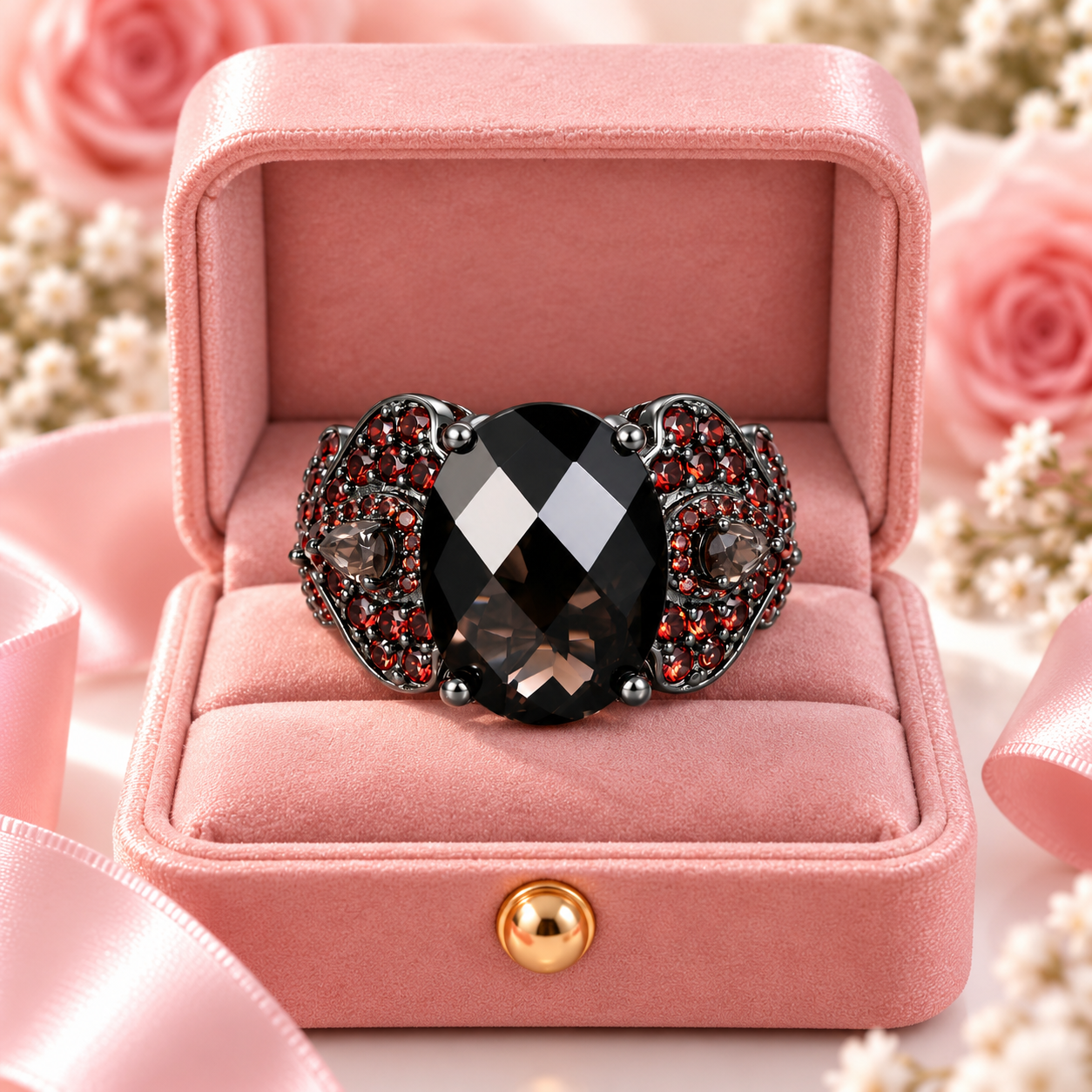 A gothic-style ring with a large faceted black and white diamond-cut center stone and red crystal accents in a silver-toned setting, displayed inside an open pink velvet ring box with blurred pink roses in the background.