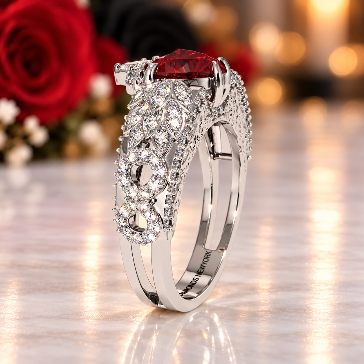 Infinity x Infinity Ring- Red Heart and Cross Diamond Option Gothic Ring-Black Diamonds New York