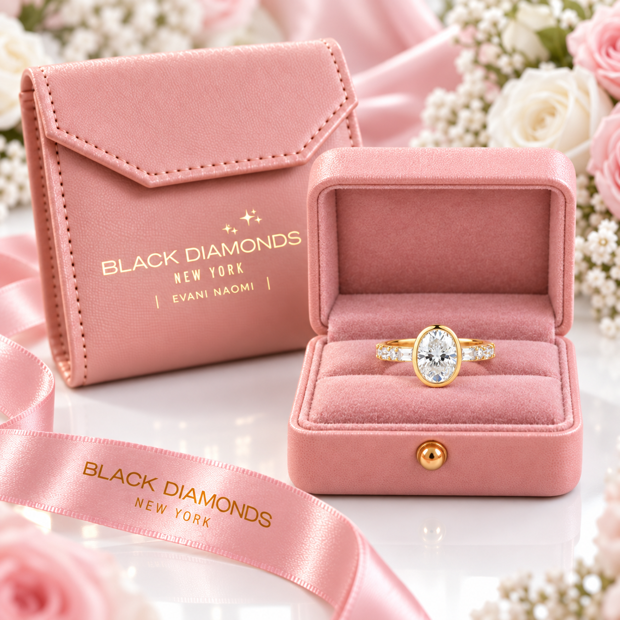 A gold ring with a large oval clear gemstone is displayed in an open pink velvet jewelry box, with a matching closed pink jewelry pouch and ribbon in the background. The boxes and ribbon are branded BLACK DIAMONDS NEW YORK.