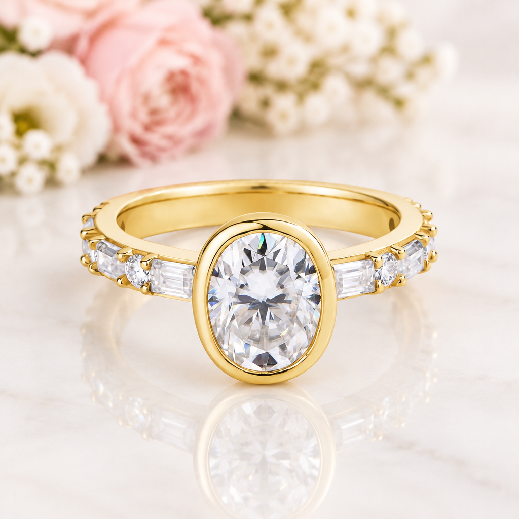 A gold ring with a large oval clear center stone and small side stones, photographed on a light marble surface with soft pink and white flowers blurred in the background.
