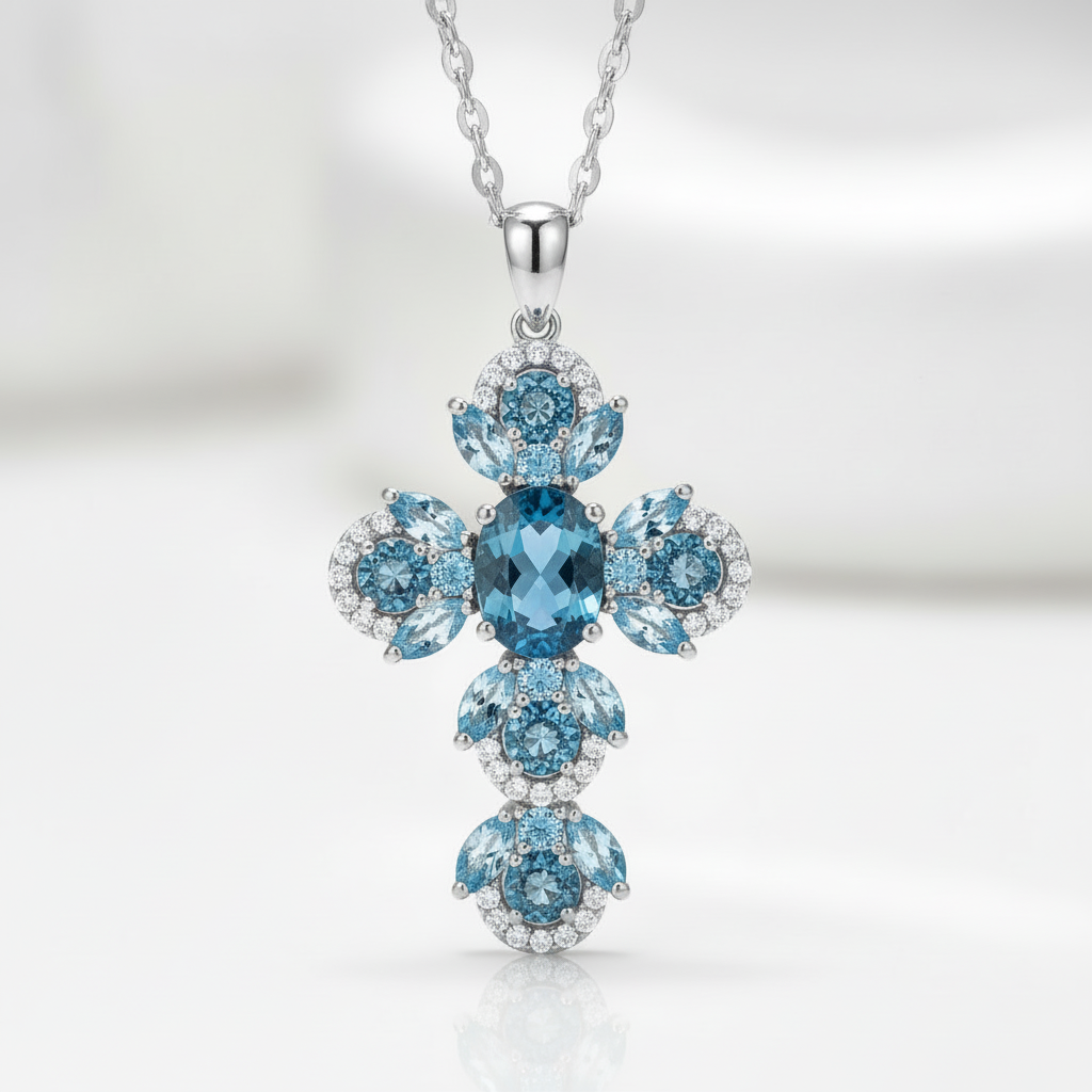 Oval-cut London Blue Topaz Gemstone Cross Necklace-Black Diamonds New York