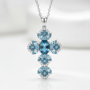 Oval-cut London Blue Topaz Gemstone Cross Necklace-Black Diamonds New York