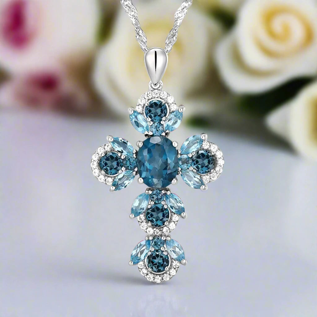 Oval-cut London Blue Topaz Gemstone Cross Necklace-Black Diamonds New York