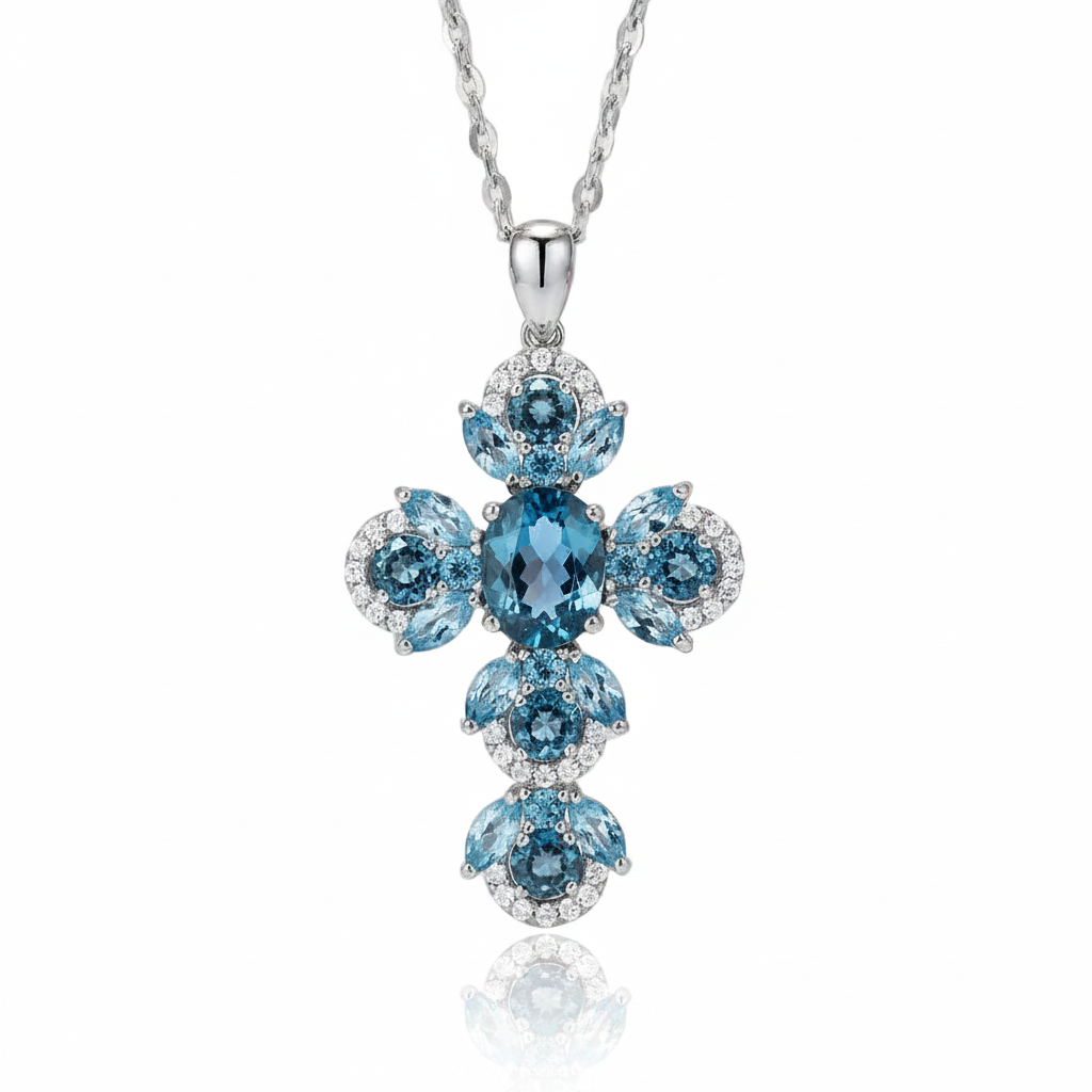 Oval-cut London Blue Topaz Gemstone Cross Necklace-Black Diamonds New York
