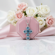 Oval-cut London Blue Topaz Gemstone Cross Necklace-Black Diamonds New York