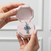 Oval-cut London Blue Topaz Gemstone Cross Necklace-Black Diamonds New York