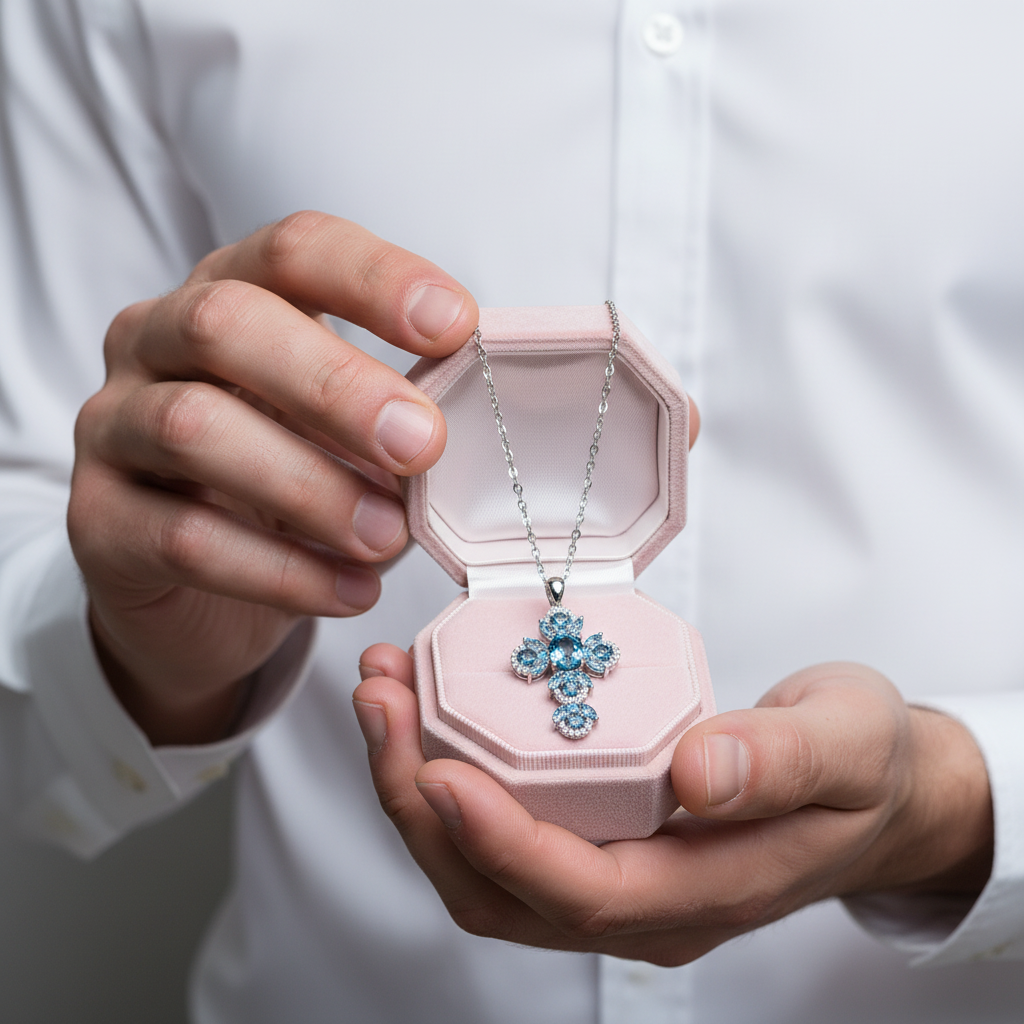 Oval-cut London Blue Topaz Gemstone Cross Necklace-Black Diamonds New York