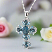 Oval-cut London Blue Topaz Gemstone Cross Necklace-Black Diamonds New York