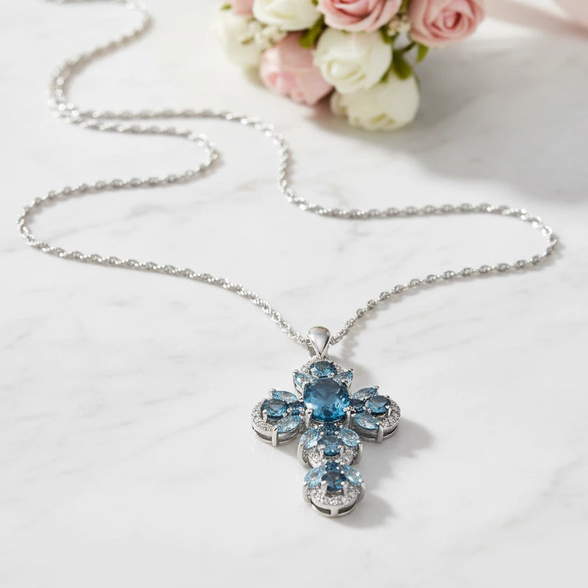 Oval-cut London Blue Topaz Gemstone Cross Necklace-Black Diamonds New York