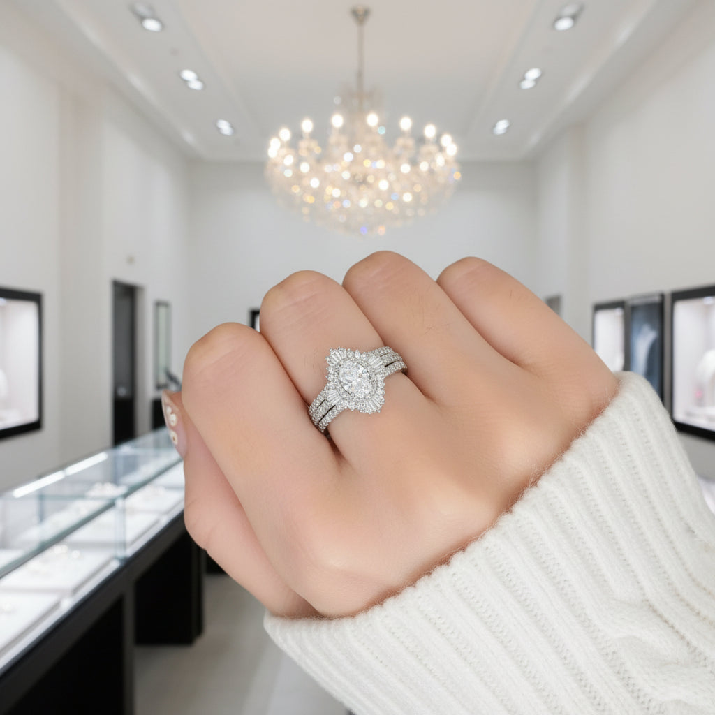 Oval Cut Diamond Sunflower Engagement Ring Set-Black Diamonds New York