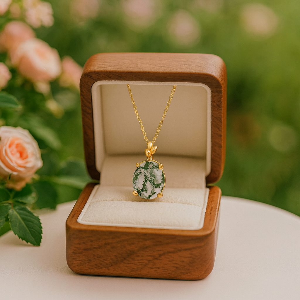 Oval Cut Green Moss Agate Pendant Necklace-Black Diamonds New York