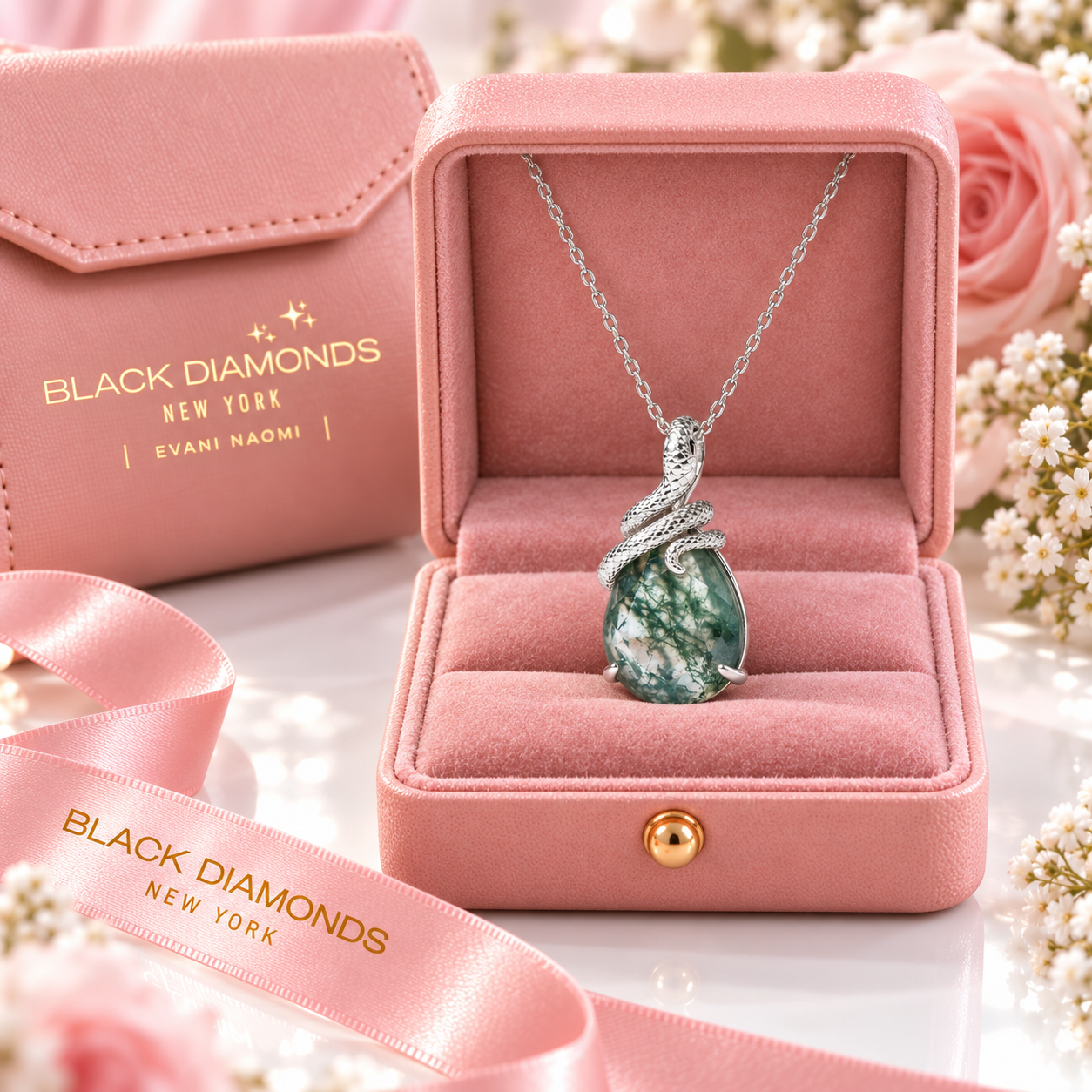 Oval Cut Green Moss Agate Snake Necklace-Black Diamonds New York