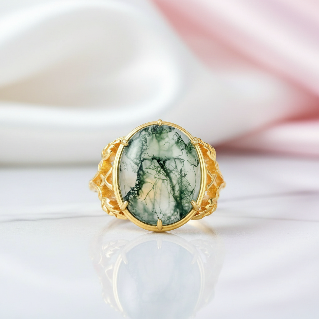 Oval Cut Moss Agate Vintage Engagement Ring-Black Diamonds New York