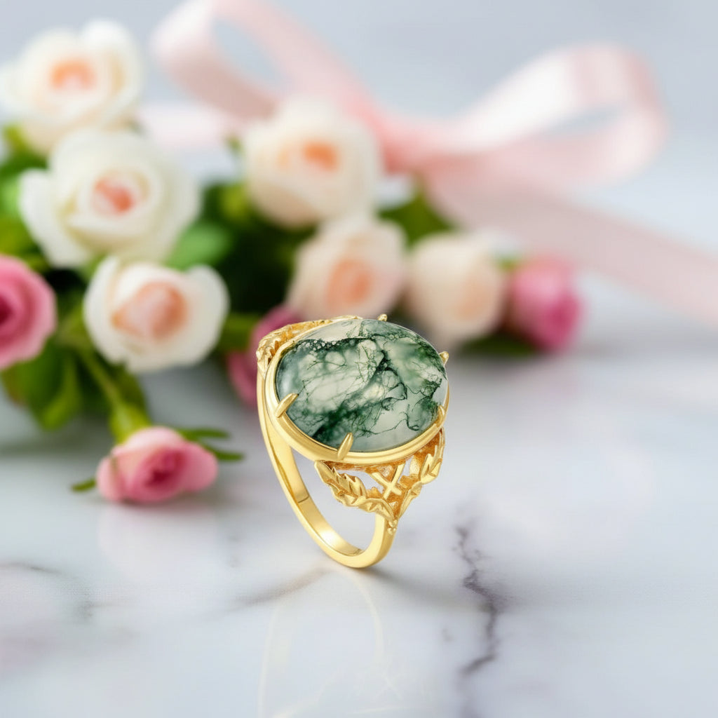 Oval Cut Moss Agate Vintage Engagement Ring-Black Diamonds New York