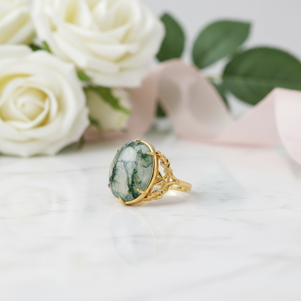 Oval Cut Moss Agate Vintage Engagement Ring-Black Diamonds New York