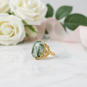 Oval Cut Moss Agate Vintage Engagement Ring-Black Diamonds New York