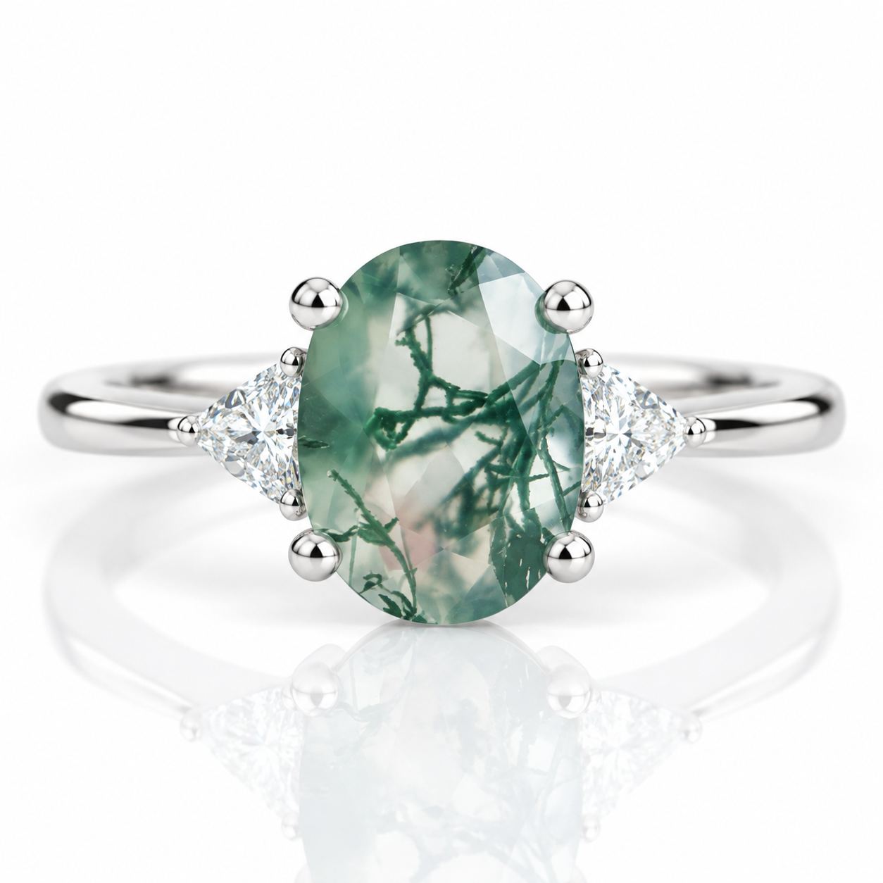 Oval Cut Natural Moss Agate Engagement Ring-Black Diamonds New York