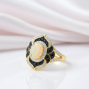 Oval Cut Opal Flower Engagement Ring-Black Diamonds New York