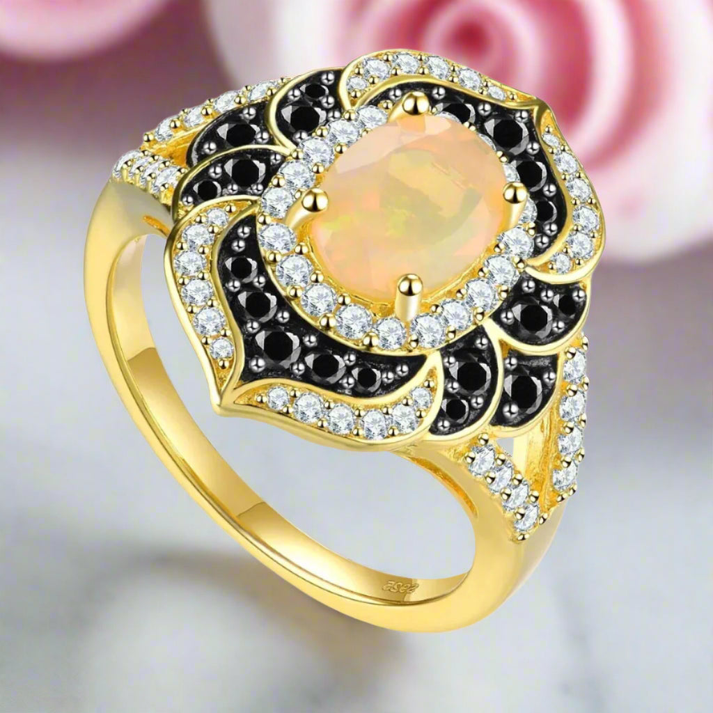 Oval Cut Opal Flower Engagement Ring-Black Diamonds New York