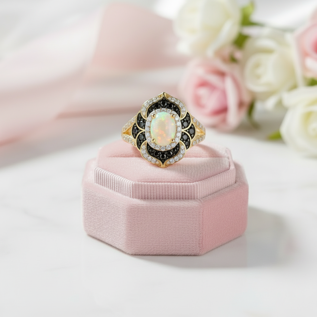 Oval Cut Opal Flower Engagement Ring-Black Diamonds New York