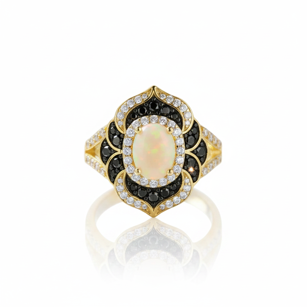 Oval Cut Opal Flower Engagement Ring-Black Diamonds New York