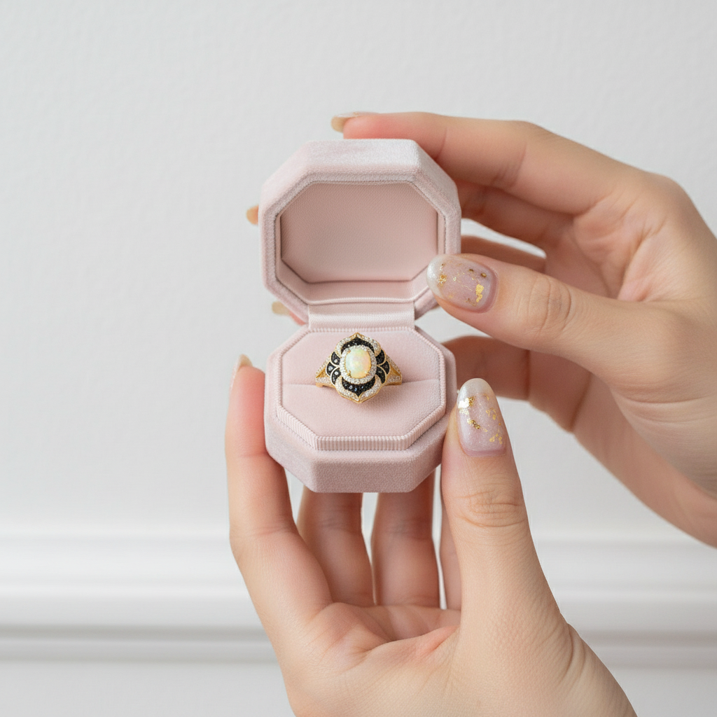 Oval Cut Opal Flower Engagement Ring-Black Diamonds New York