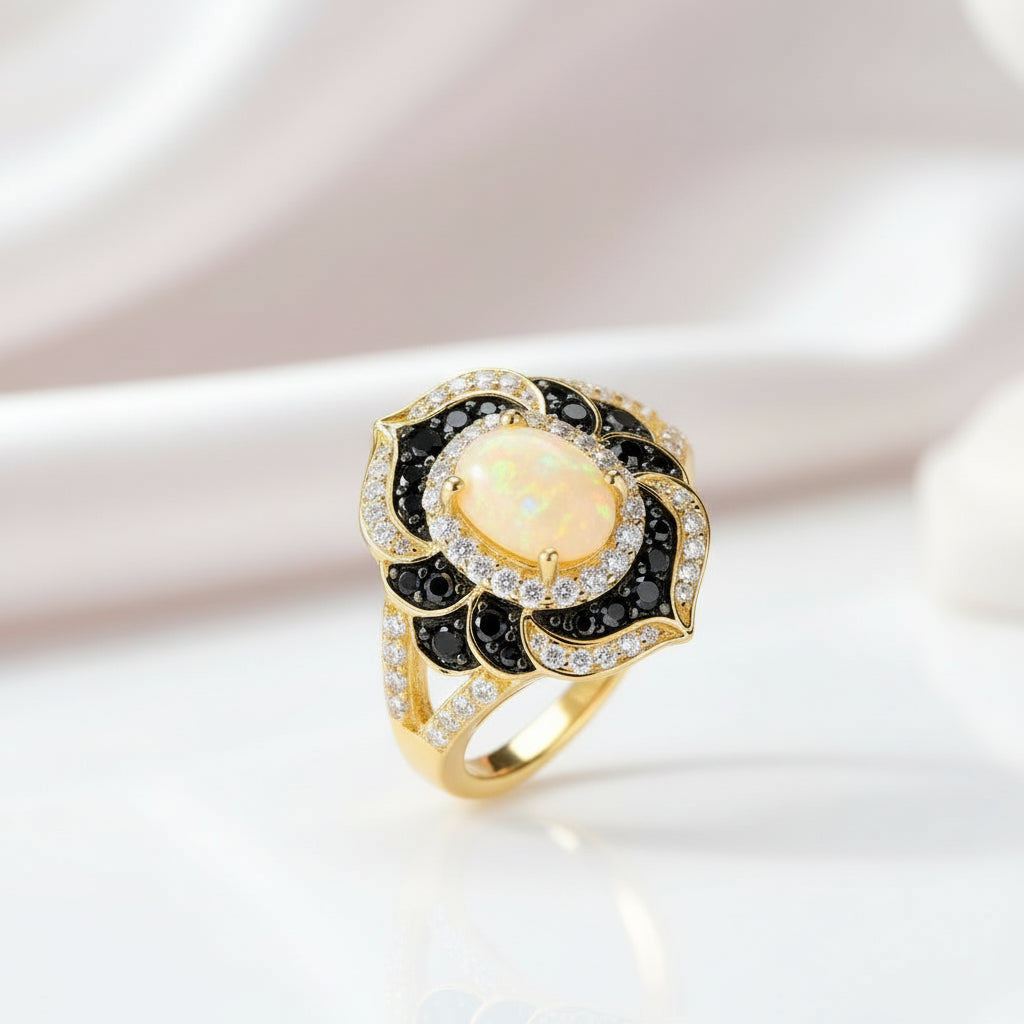 Oval Cut Opal Flower Engagement Ring-Black Diamonds New York