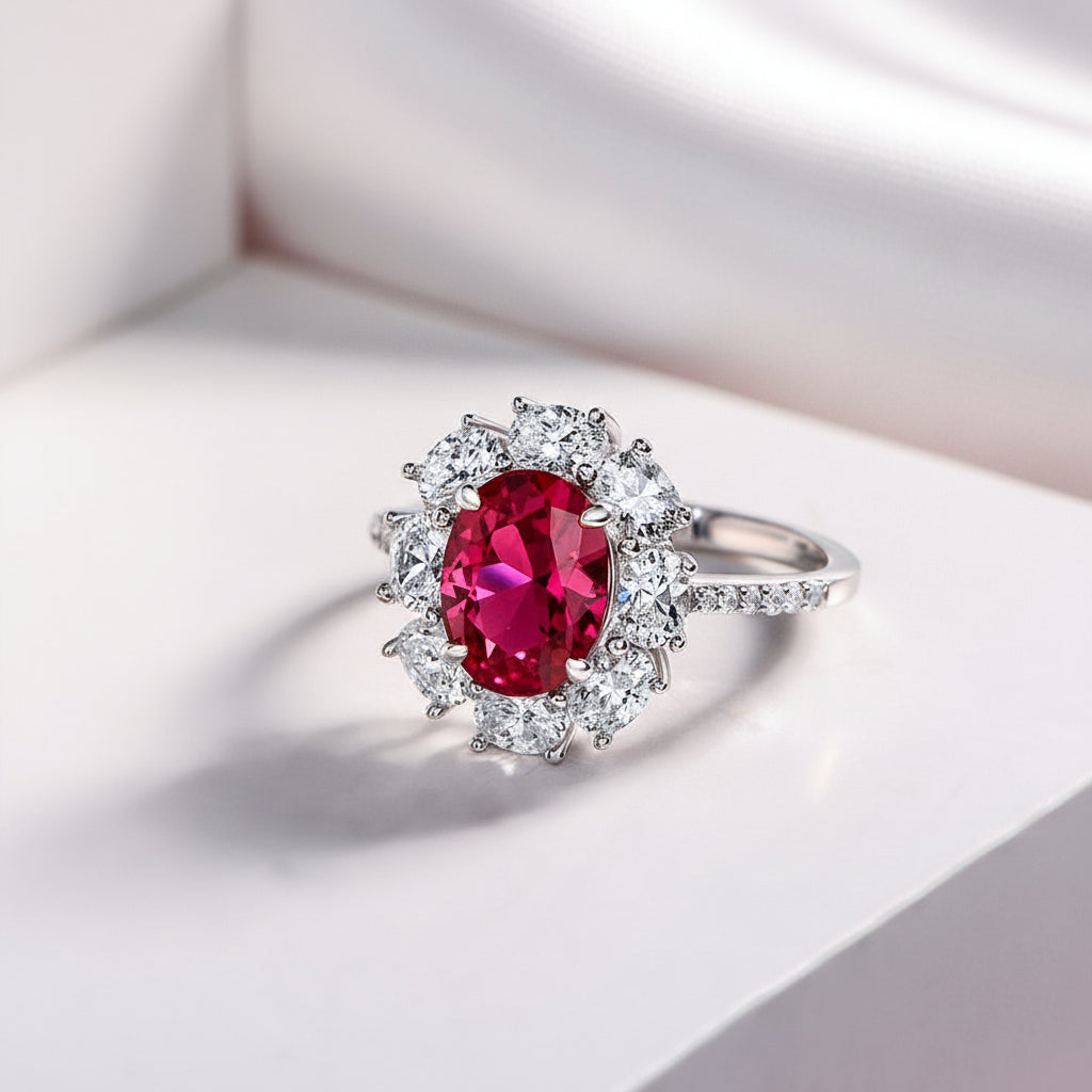 Oval Cut Red Ruby Diamond Option Halo Engagement Ring-Black Diamonds New York