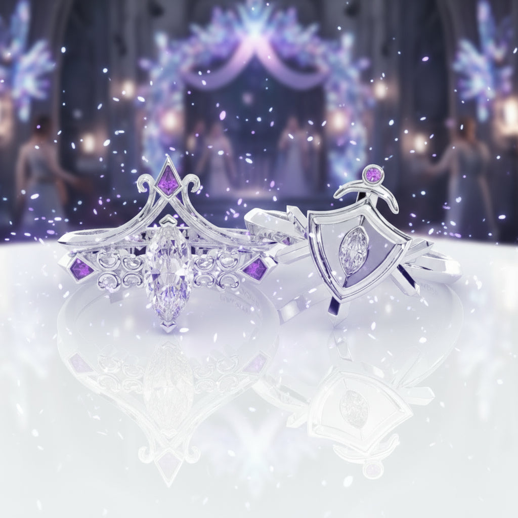 Paladin's 2-piece Ring Set (Women)- 14k Yellow Gold Video Game Inspired Rings-Black Diamonds New York