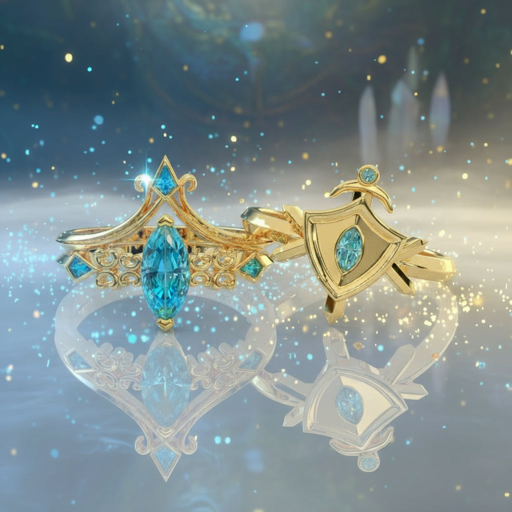 Paladin's 2-piece Ring Set (Women)- 14k Yellow Gold Video Game Inspired Rings-Black Diamonds New York