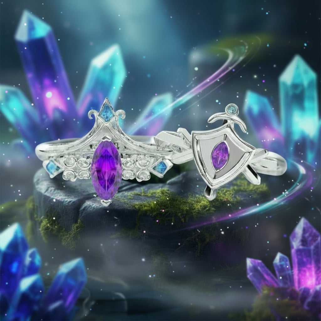 Paladin's 2-piece Ring Set (Women)- 14k Yellow Gold Video Game Inspired Rings-Black Diamonds New York