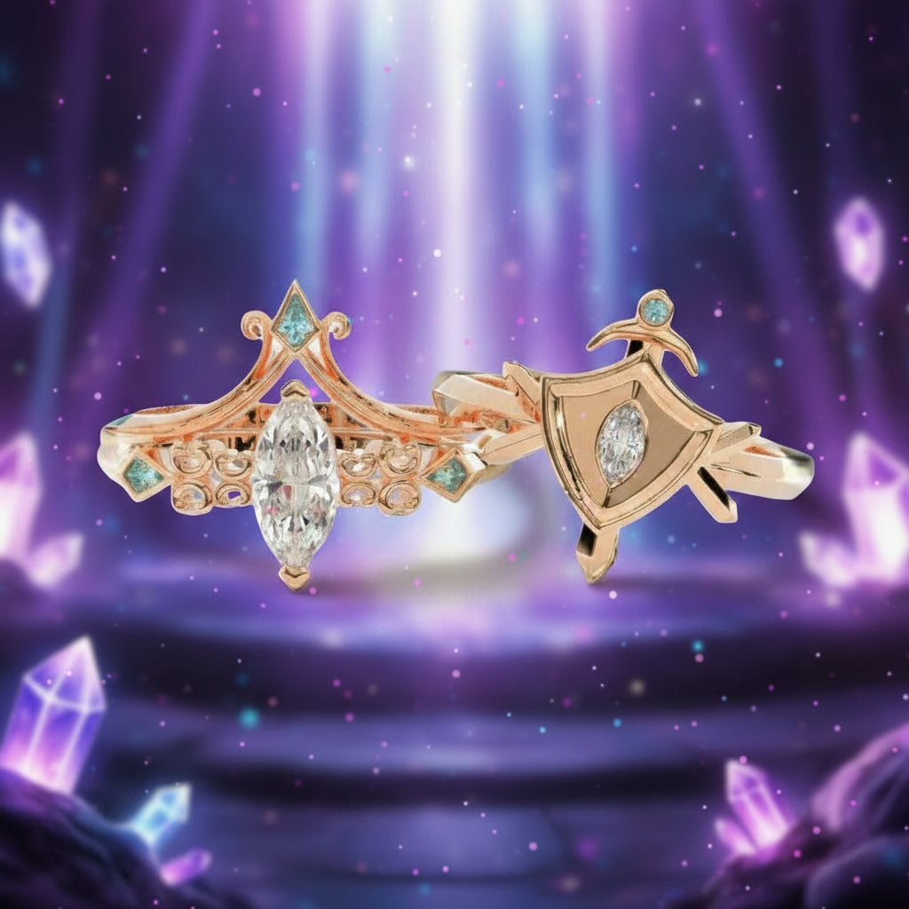 Paladin's 2-piece Ring Set (Women)- 14k Yellow Gold Video Game Inspired Rings-Black Diamonds New York