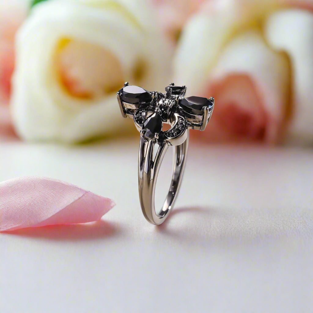 Pear-Cut Black Spinel Gothic Ring-Black Diamonds New York