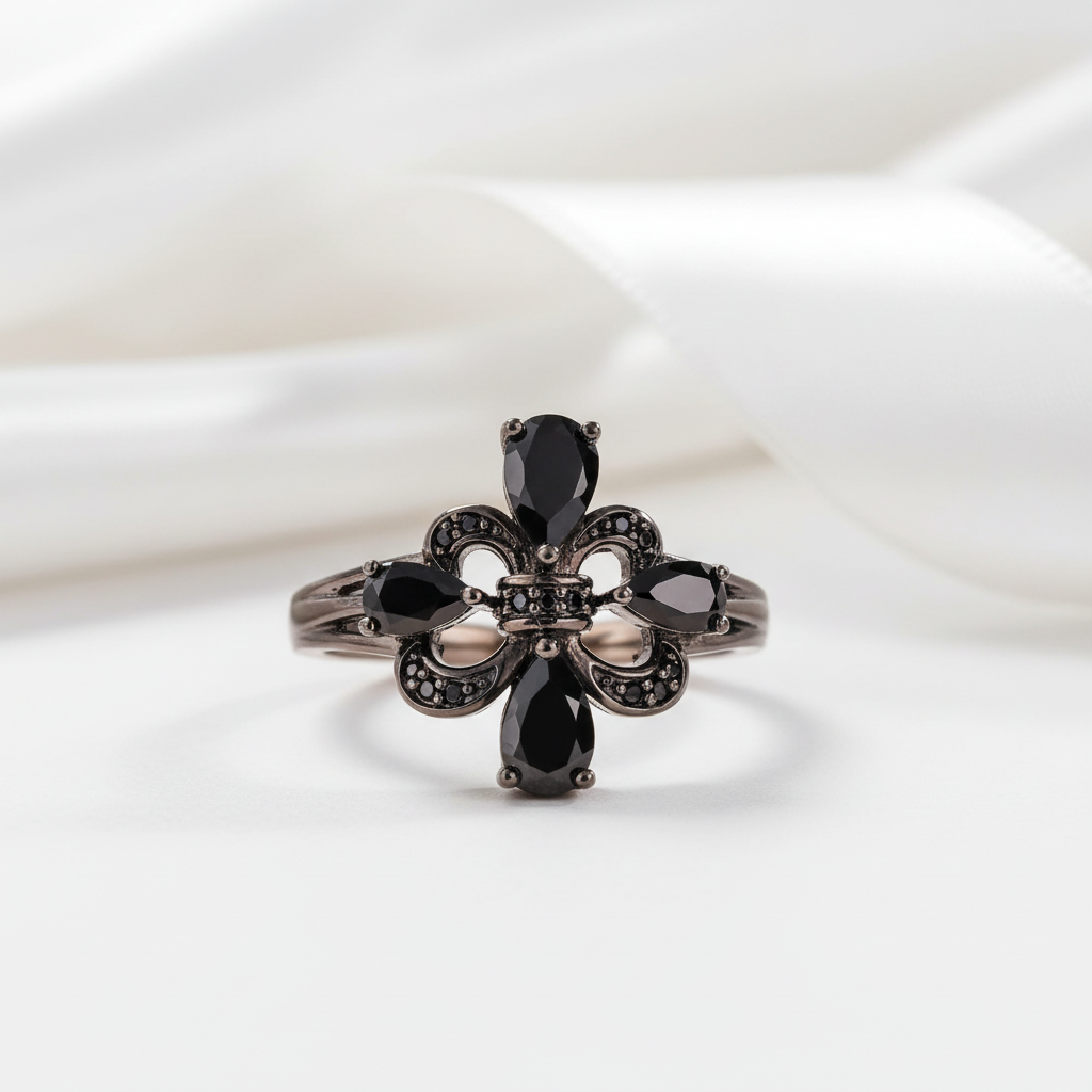 Pear-Cut Black Spinel Gothic Ring-Black Diamonds New York
