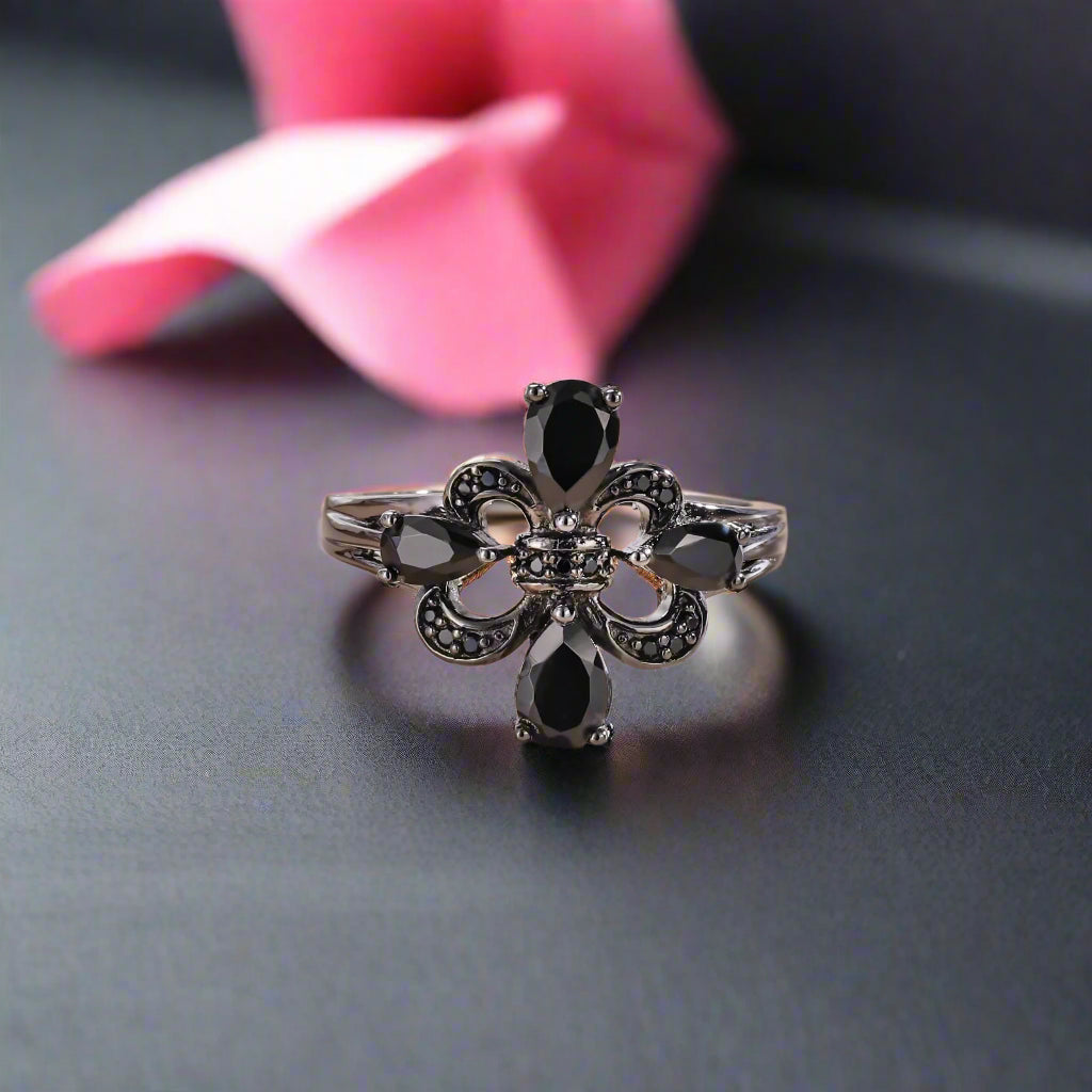 Pear-Cut Black Spinel Gothic Ring-Black Diamonds New York