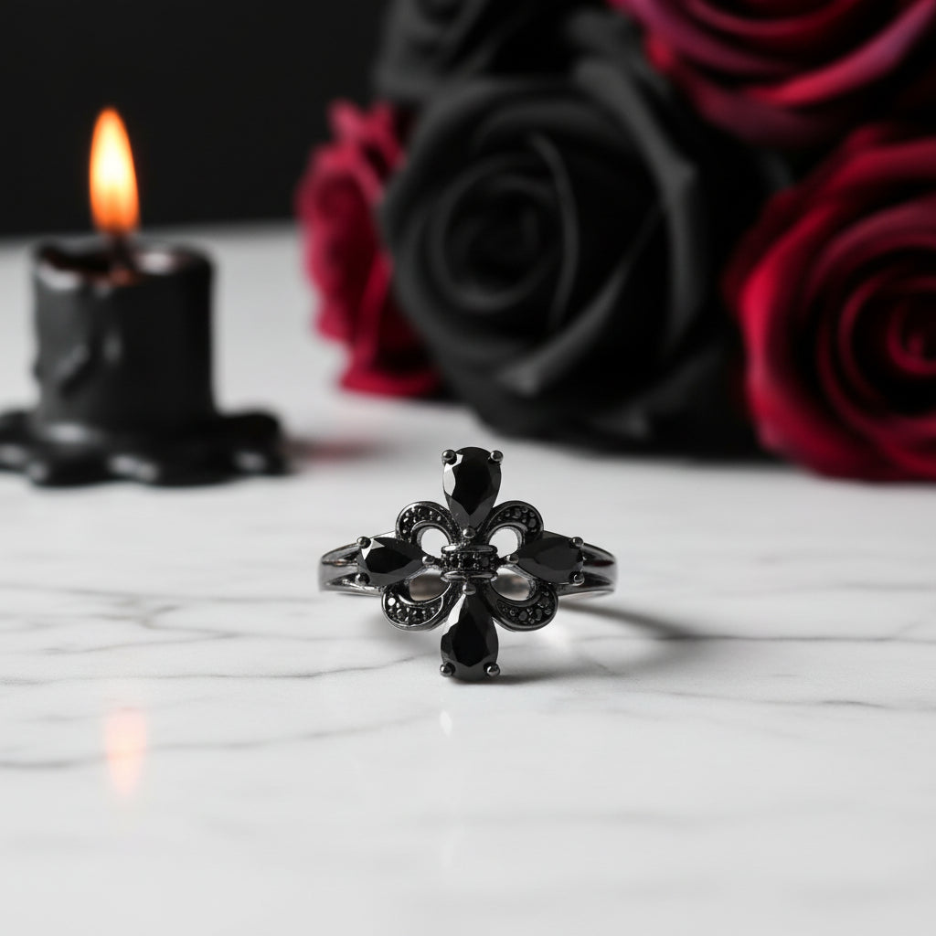 Pear-Cut Black Spinel Gothic Ring-Black Diamonds New York