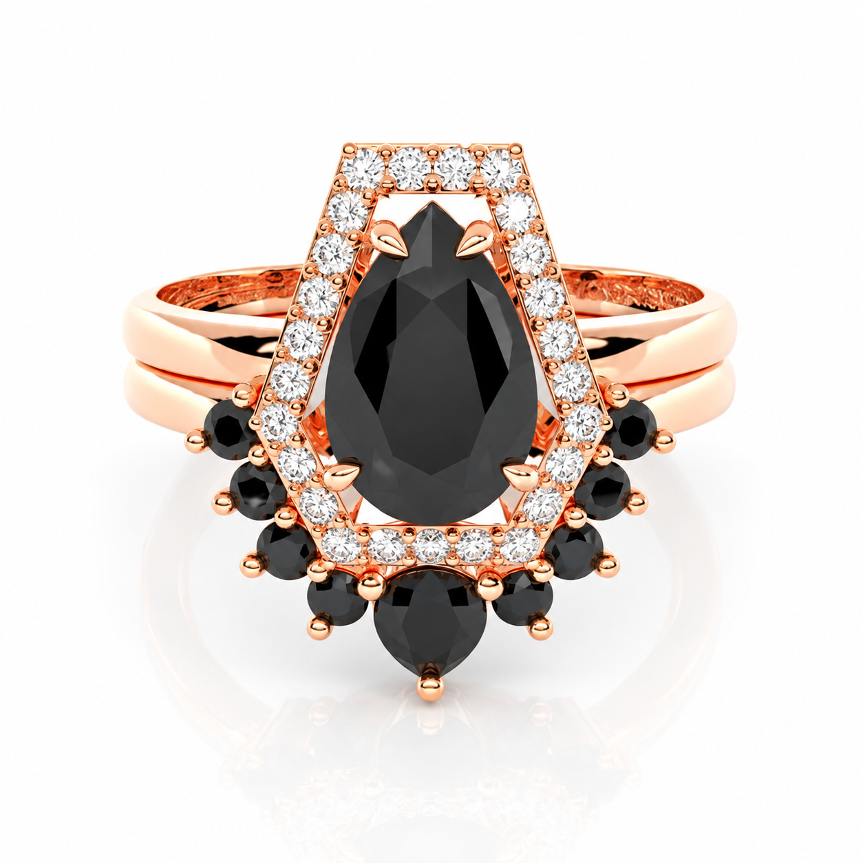 Faithfulness-1ct Black Pear Cut Diamond Option 14k White Gold Coffin Ring Set-Black Diamonds New York