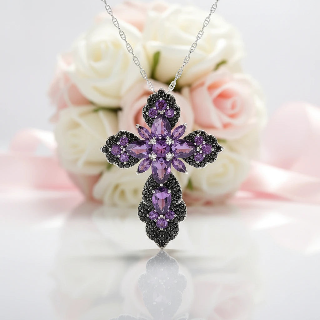 Purple floral pendant necklace with flowers in the background