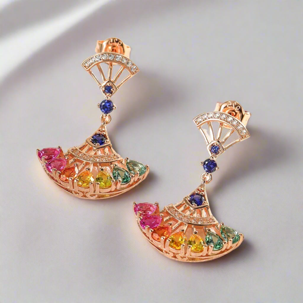 Pear-cut Natural Gemstone Fan-shaped Rose Gold Earrings-Black Diamonds New York