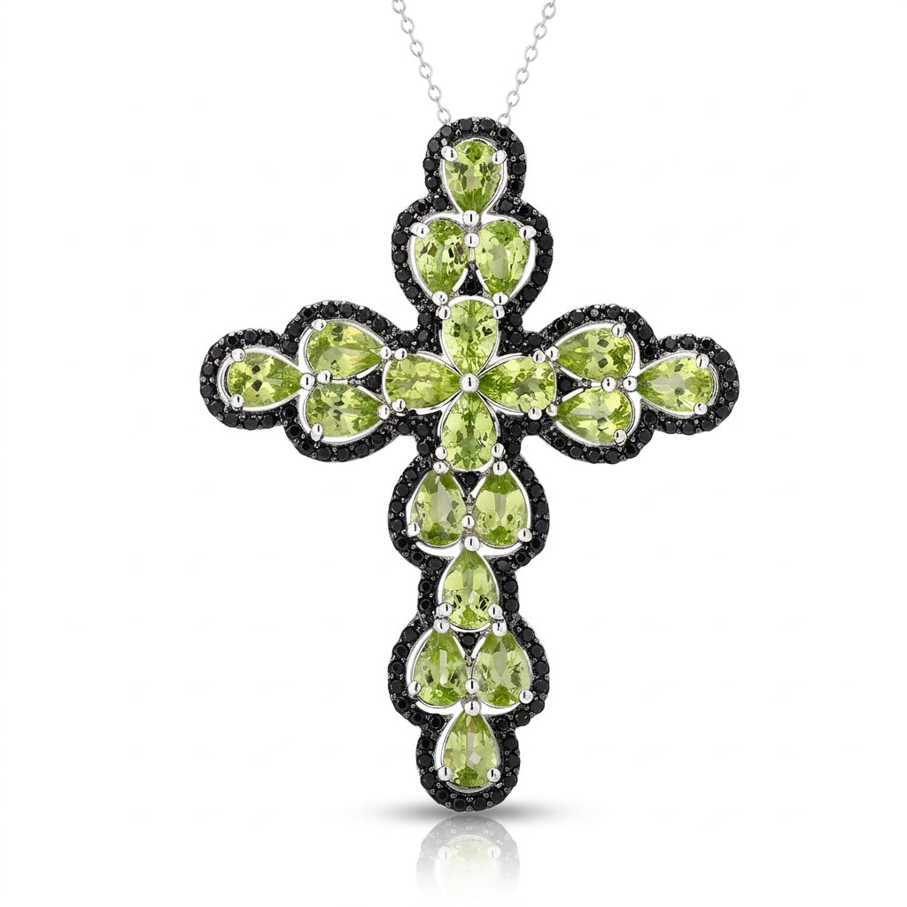 Pear-cut Peridot with Black Spinel Cross Pendant Necklace-Black Diamonds New York