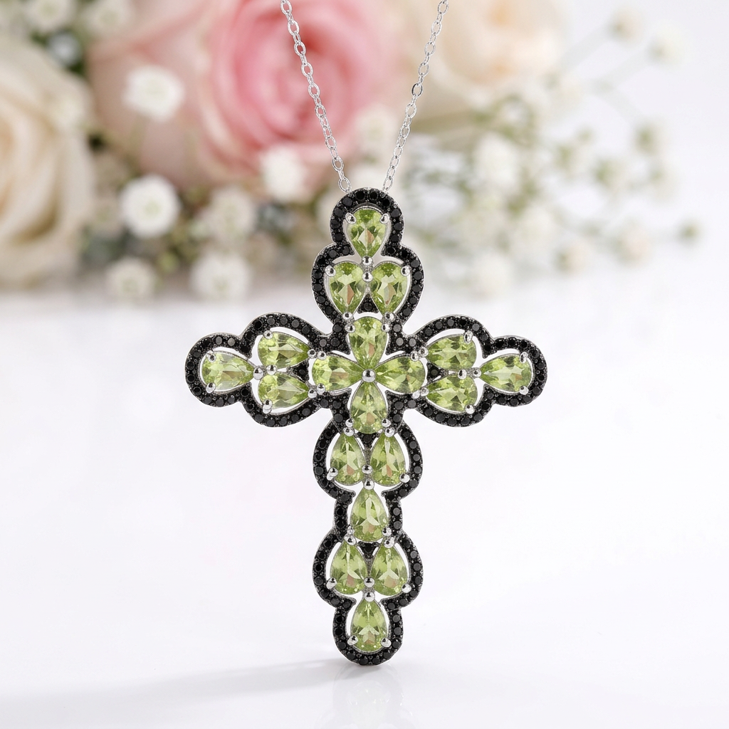 Pear-cut Peridot with Black Spinel Cross Pendant Necklace-Black Diamonds New York