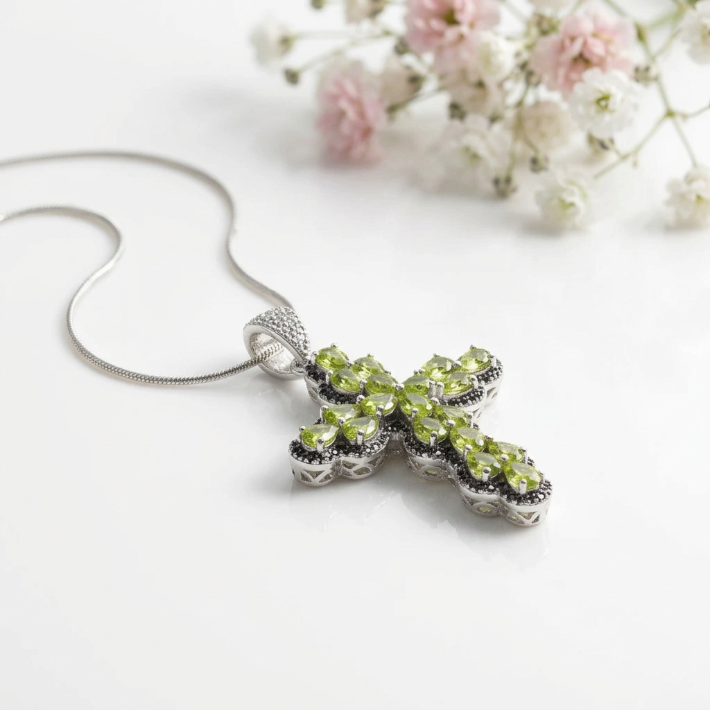Pear-cut Peridot with Black Spinel Cross Pendant Necklace-Black Diamonds New York