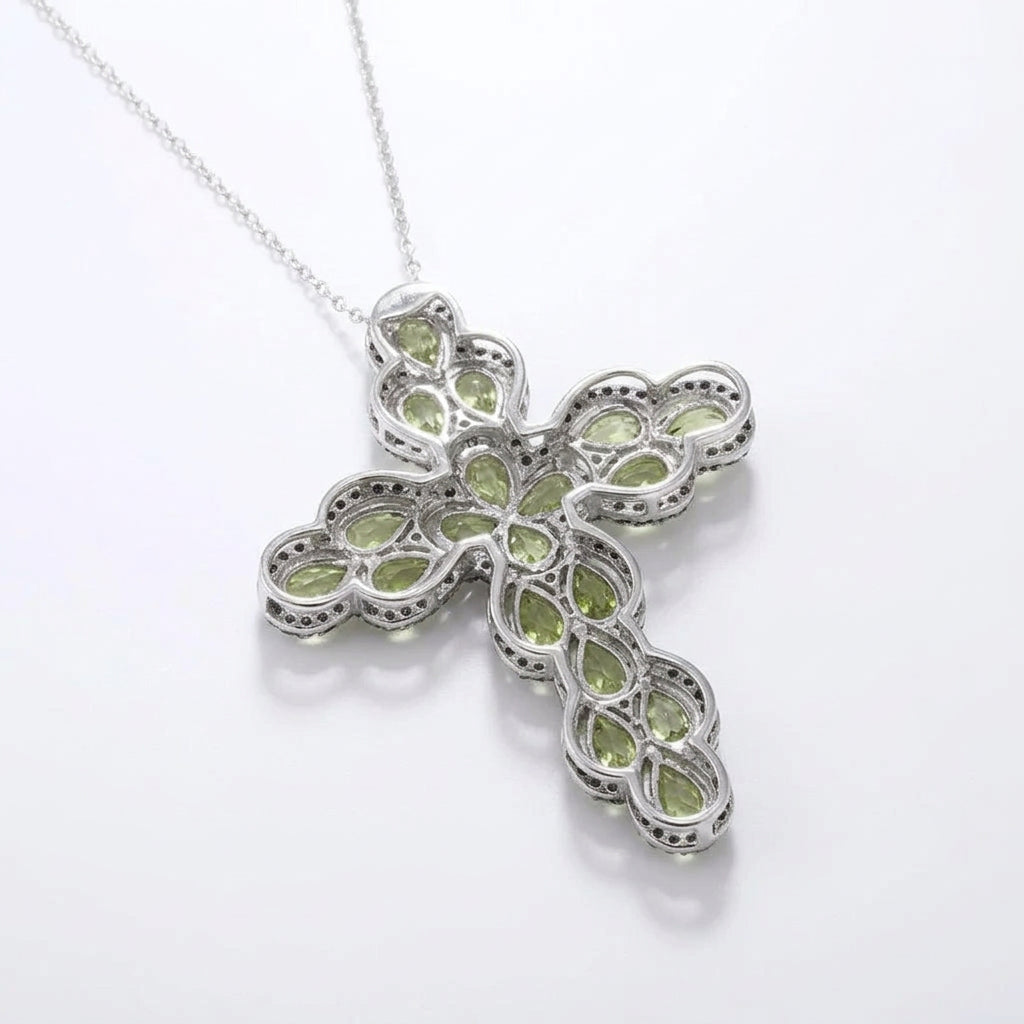 Pear-cut Peridot with Black Spinel Cross Pendant Necklace-Black Diamonds New York